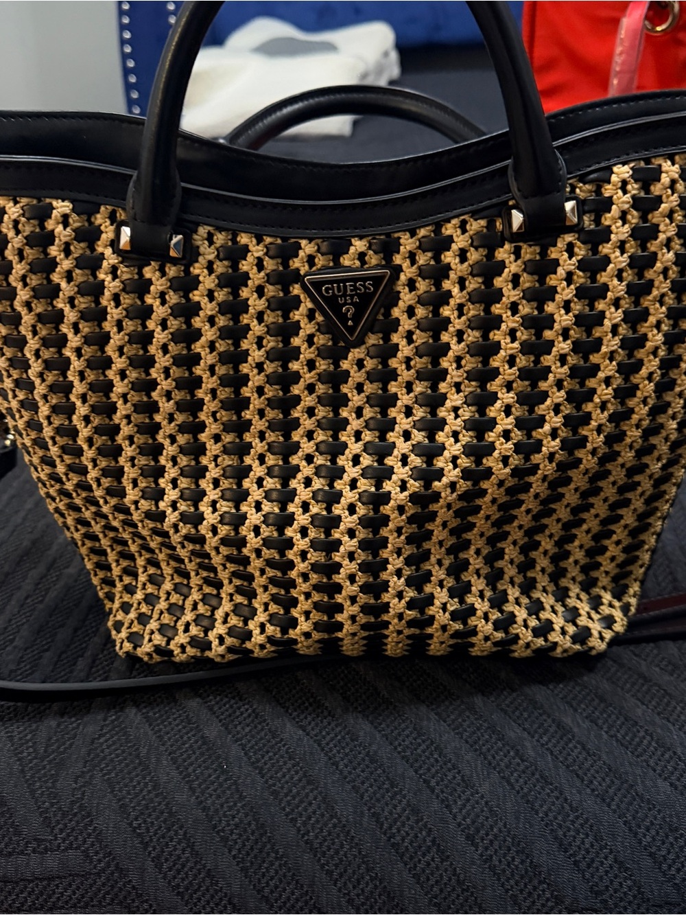 GUESS Black and Tan Woven Tote with Logo Triangle